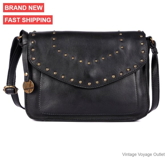 Handbags - Italian Leather Crossbody Bag with Studs, Medium Size for Everyday Use